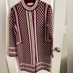 Tory Burch Jacquard Sweater Coat.  Burgundy and White. Size XS